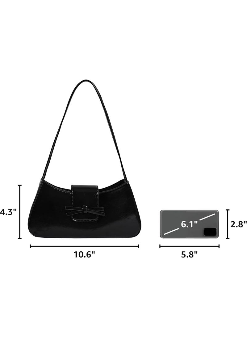 Arabest Trendy Black Shoulder Bag for Women, Soft Leather Hobo Handbags Y2K Purses with Detachable Strap, Patent Leather Clutch Bag & Cute Bow Purse for Daily Use, Crossbody for Teens Girls, Gift for Her - Image 2
