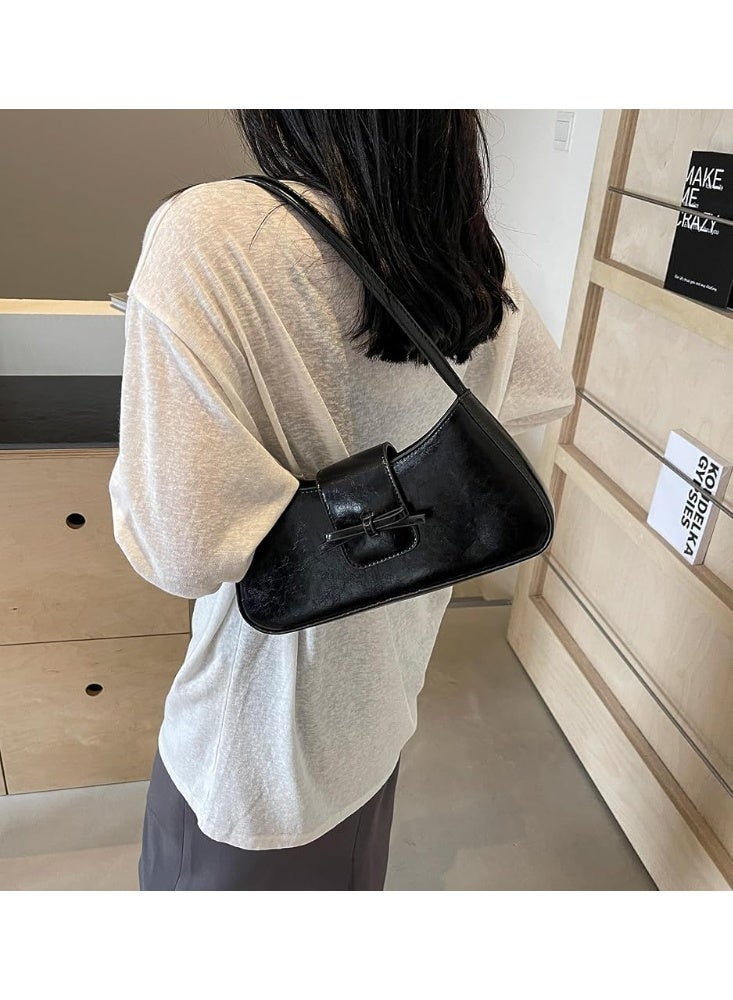 Arabest Trendy Black Shoulder Bag for Women, Soft Leather Hobo Handbags Y2K Purses with Detachable Strap, Patent Leather Clutch Bag & Cute Bow Purse for Daily Use, Crossbody for Teens Girls, Gift for Her - Image 4