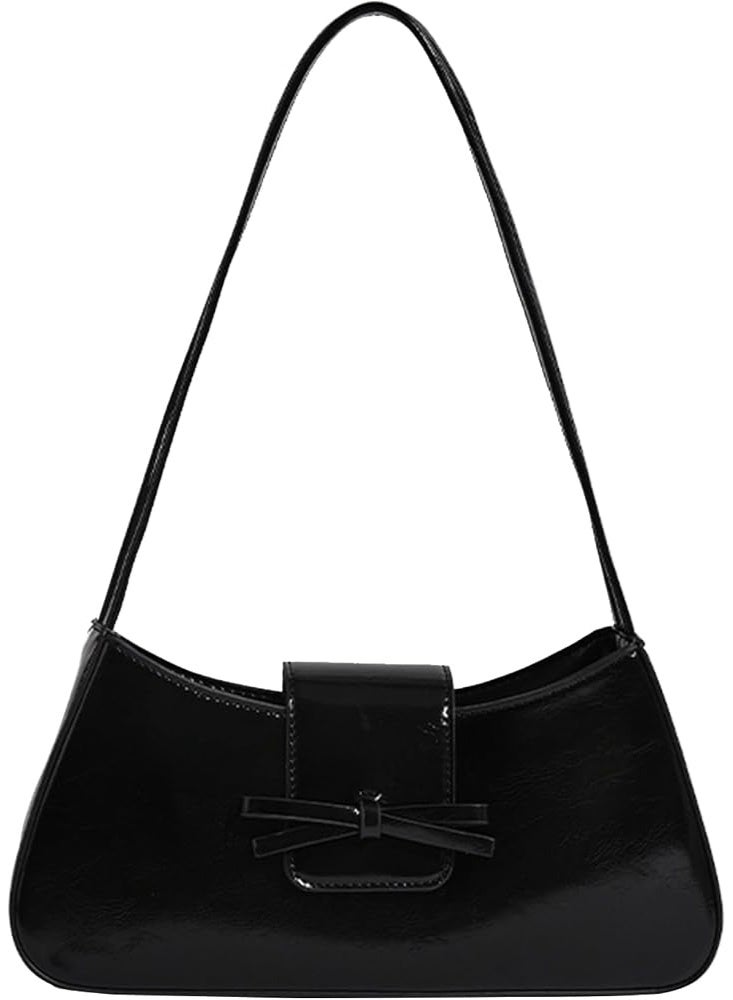 Arabest Trendy Black Shoulder Bag for Women, Soft Leather Hobo Handbags Y2K Purses with Detachable Strap, Patent Leather Clutch Bag & Cute Bow Purse for Daily Use, Crossbody for Teens Girls, Gift for Her - Image 1
