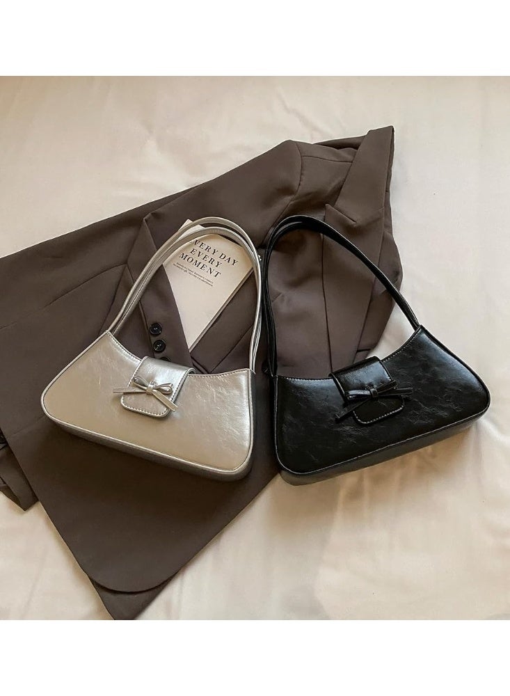 Arabest Trendy Black Shoulder Bag for Women, Soft Leather Hobo Handbags Y2K Purses with Detachable Strap, Patent Leather Clutch Bag & Cute Bow Purse for Daily Use, Crossbody for Teens Girls, Gift for Her - Image 5