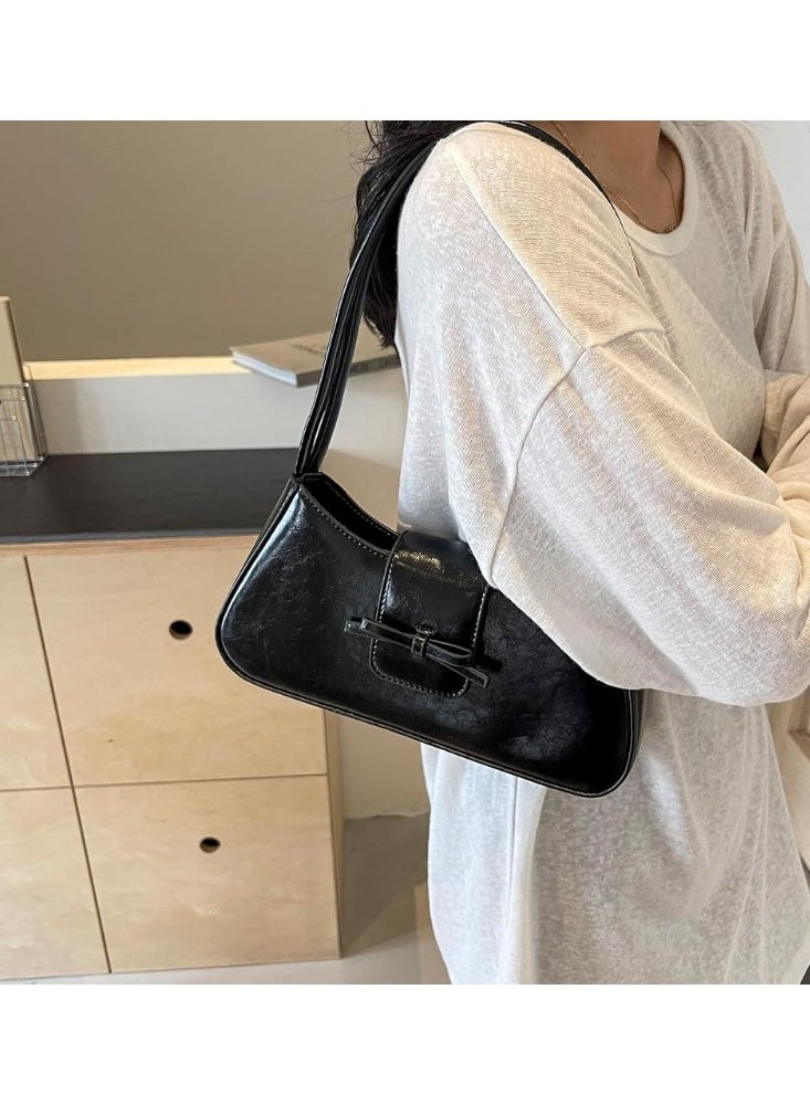Arabest Trendy Black Shoulder Bag for Women, Soft Leather Hobo Handbags Y2K Purses with Detachable Strap, Patent Leather Clutch Bag & Cute Bow Purse for Daily Use, Crossbody for Teens Girls, Gift for Her - Image 3