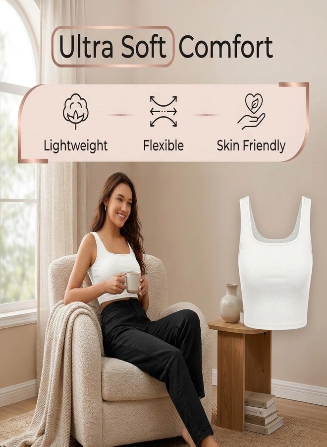 Berry&Bird BERRY BIRD Stylish Women's Sleeveless Square Neck Ribbed Crop Tops For Gym, Beach,And Casual Stylish Wear Classic Fit Tank Top, White - Image 4