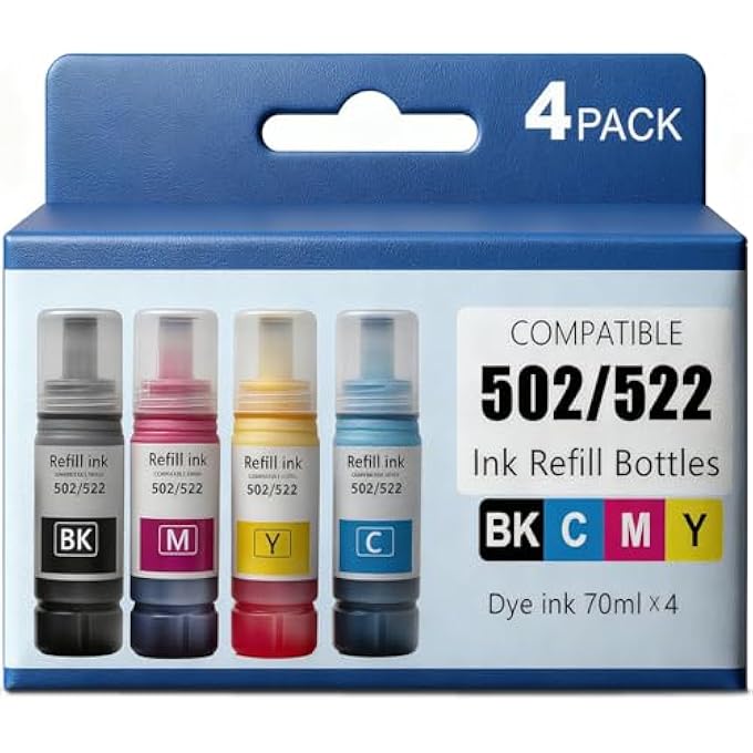 REFILL INK COMPATIBLE WITH EPSON 522 INK REFILL BOTTLES USE FOR ET-2800 ET-2803 ET- 2720 ET-2760 ET-3760 ET-3750 ET-4800ET-3710 ET-3700 ET-15000 BLACK CYAN MAGENTA YELLOW INK 4 PACK - Image 2
