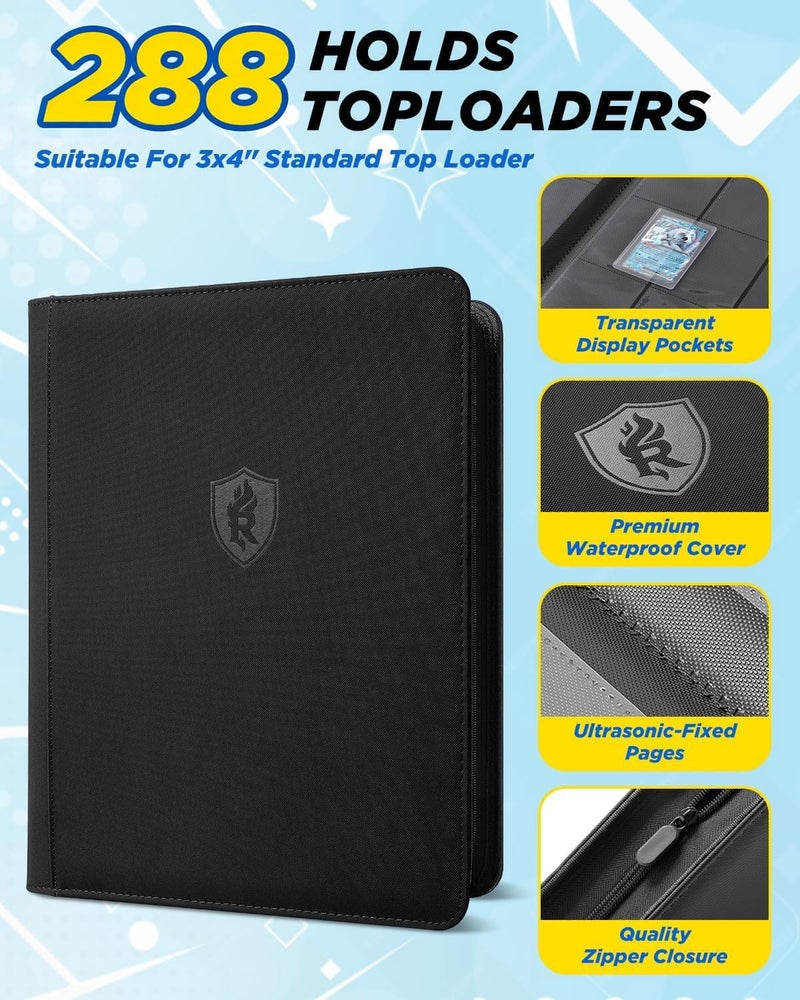 RELAEHIH 9 Pocket Top Loader Binder-Trading Card Binder with Zipper Double-Sided Premium 288 Toploaders for TCG, MTG, Sport Cards (Black) - Image 4
