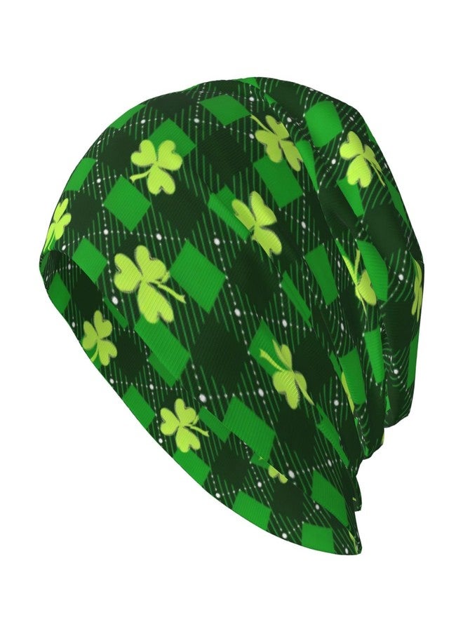 FalePrint Beanie Hat Printed St. Patrick's Day Green Clover Chequered Plaid Comfortable Knitted Cap for Men Women,Thin Stretch Knit Slouchy Cancer Chemo Sleep Hat Unisex Turban Hat Headwear Warm Soft Skull Cap - Image 1
