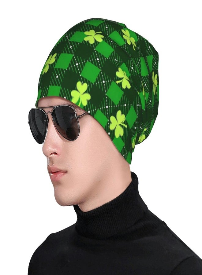 FalePrint Beanie Hat Printed St. Patrick's Day Green Clover Chequered Plaid Comfortable Knitted Cap for Men Women,Thin Stretch Knit Slouchy Cancer Chemo Sleep Hat Unisex Turban Hat Headwear Warm Soft Skull Cap - Image 4