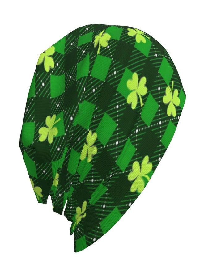 FalePrint Beanie Hat Printed St. Patrick's Day Green Clover Chequered Plaid Comfortable Knitted Cap for Men Women,Thin Stretch Knit Slouchy Cancer Chemo Sleep Hat Unisex Turban Hat Headwear Warm Soft Skull Cap - Image 3