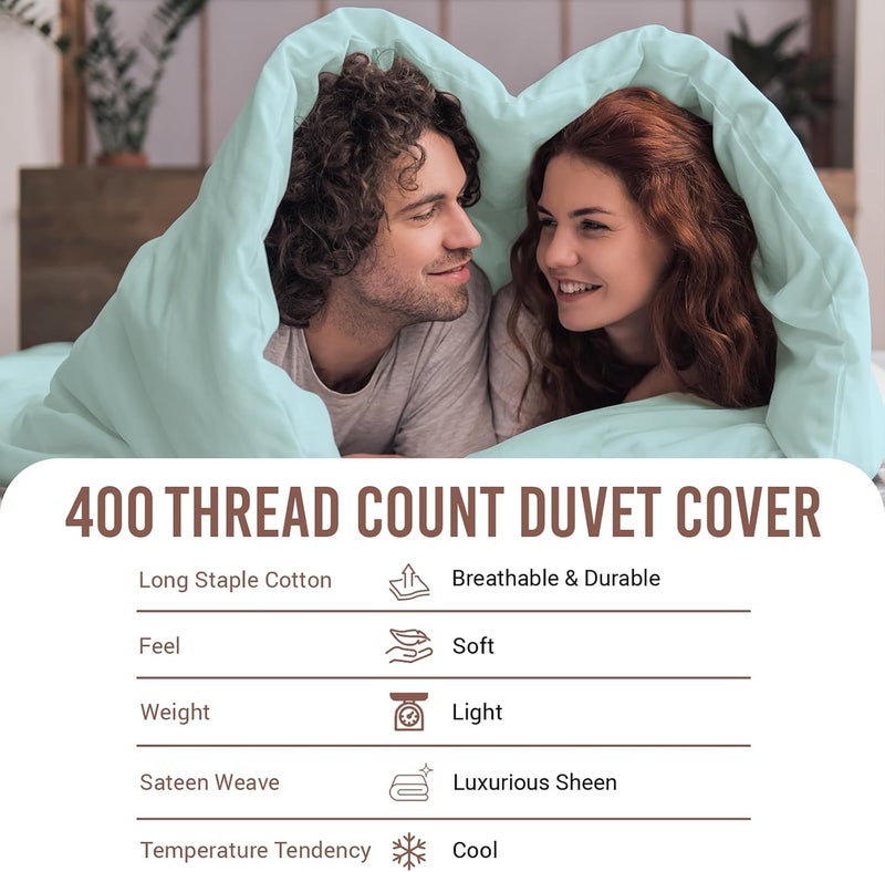 PIZUNA 100% Cotton Duvet Cover Queen Size Set 220x230 cm Baby Blue, 400 Thread Count Long Staple Cotton Sateen Weave Duvet Cover Set with 2 Pillowcases (Baby Blue Bedding Duvet Cover Sets) - Image 4