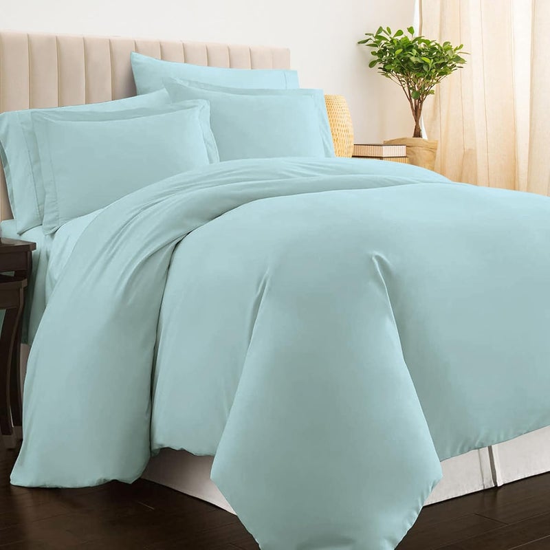 PIZUNA 100% Cotton Duvet Cover Queen Size Set 220x230 cm Baby Blue, 400 Thread Count Long Staple Cotton Sateen Weave Duvet Cover Set with 2 Pillowcases (Baby Blue Bedding Duvet Cover Sets) - Image 1