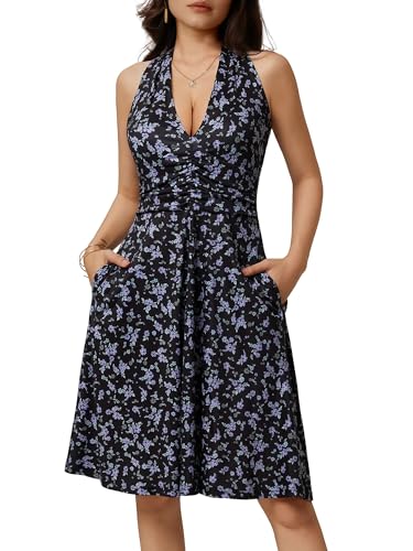 HUHOT Summer Dresses for Teens Sundress with Pockets Spring Halter Dress Fit and Flare Women Vacation Casual Western Resort Wear Ladies Purple Floral Church Black Elegant Petite Short Beach - Image 2