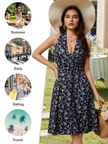 HUHOT Summer Dresses for Teens Sundress with Pockets Spring Halter Dress Fit and Flare Women Vacation Casual Western Resort Wear Ladies Purple Floral Church Black Elegant Petite Short Beach - Image 4