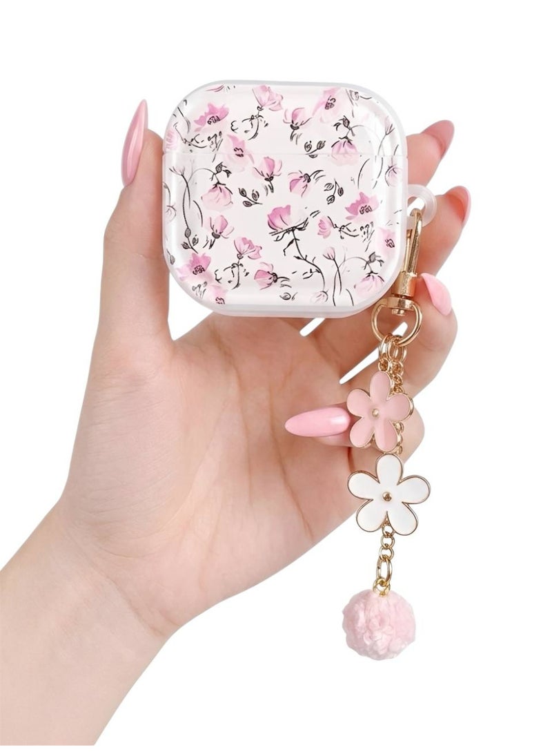 Aura Style Floral AirPods 4 Case with Keychain Charm, Clear Protective Shockproof Cover, Pink - Image 1