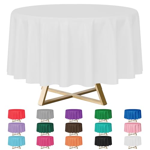 YSYJ 12 Pack White 84 Inch Disposable Plastic Tablecloths Round Table Cloth Plastic Table Cover for Parties - Image 1