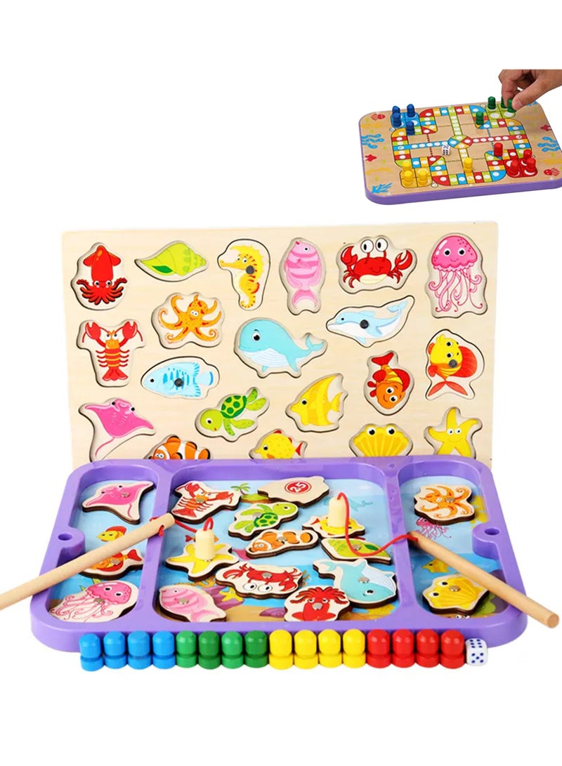 Magnetic Wooden Fishing and Ludo Board Game Toy for Toddlers Kids, Fish Catching Counting Learning Education Board Game Toy Gifts  - Image 1