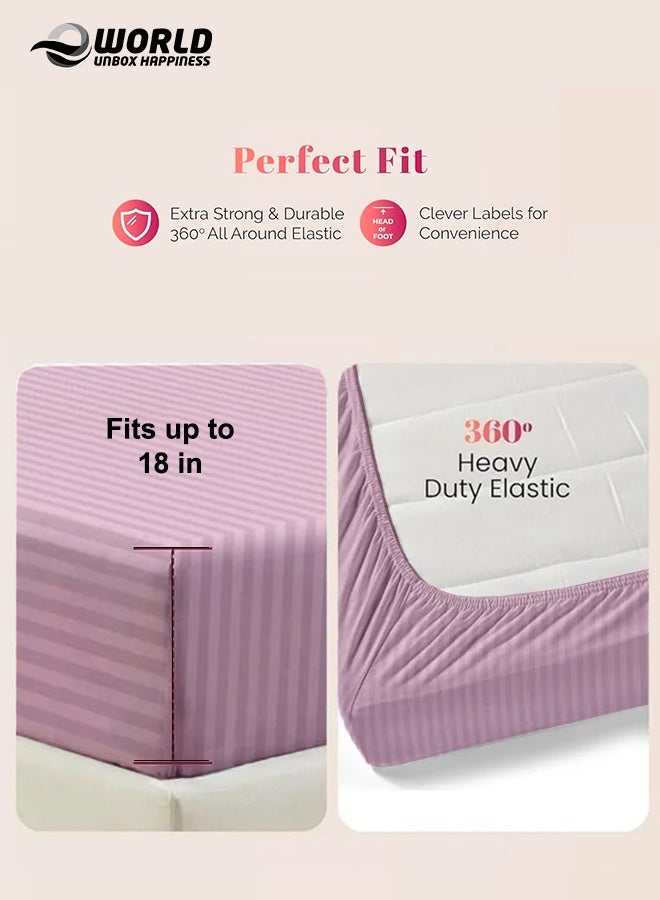 إي وورلد ملاءة سرير مزوّدة بسطح مطاطي من الألياف الدقيقة بخطوط باللون الوردي، بجيب عميق لملاءمة محكمة، قابلة للتنفس وسهلة الغسل في الغسالة لحماية مثالية، متوفرة بمقاسات كينغ وكوين وسنجل، بدون غطاء وسادة - Image 4