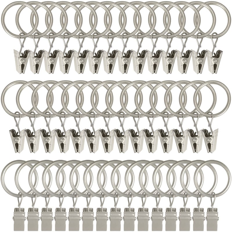 WeeksEight 44 Pack Matte Silver Curtain Rings with Clips Curtain Hooks Hangers Clip Rings for Hanging Drapes Bows Hat Drapery Rings 1 in I D Fits up to 58 in Diameter Curtain Rod
