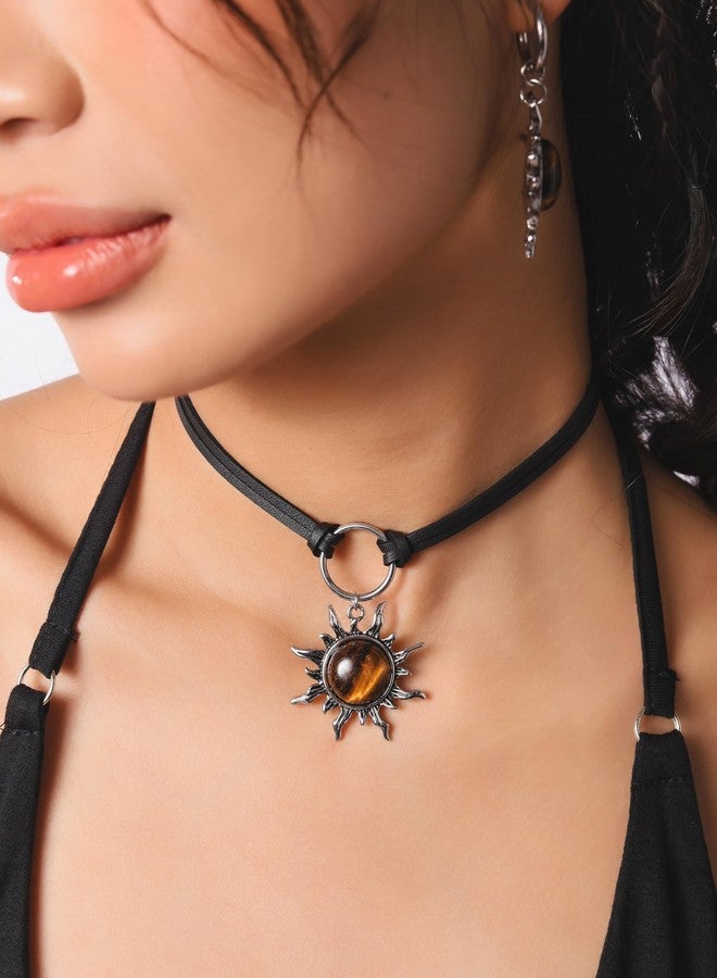 Sacina Gothic Boho Brown Celestial Sun Choker, Black Choker, Boho Goth Necklace, Halloween Christmas Jewelry Gift For Women - Image 2