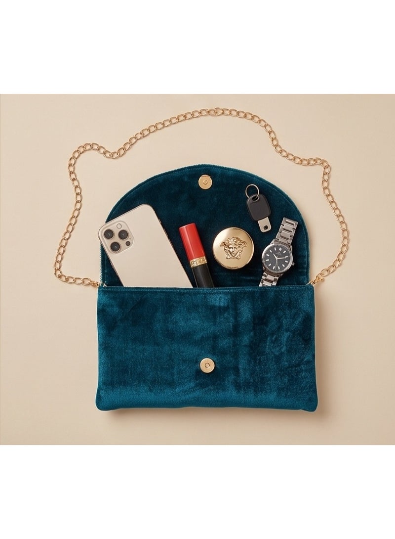 JOHN PAULS Peacock Teal Velvet Clutch Purse for Women Handmade Curved Flap Bag with Sparkling Diamante Trim & Detachable Gold Chain | Crossbody Evening Handbag for Women, Wedding, Prom & Cocktail Parties - Image 3