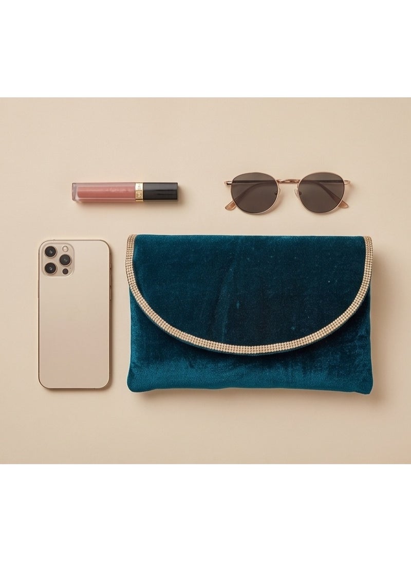 JOHN PAULS Peacock Teal Velvet Clutch Purse for Women Handmade Curved Flap Bag with Sparkling Diamante Trim & Detachable Gold Chain | Crossbody Evening Handbag for Women, Wedding, Prom & Cocktail Parties - Image 1
