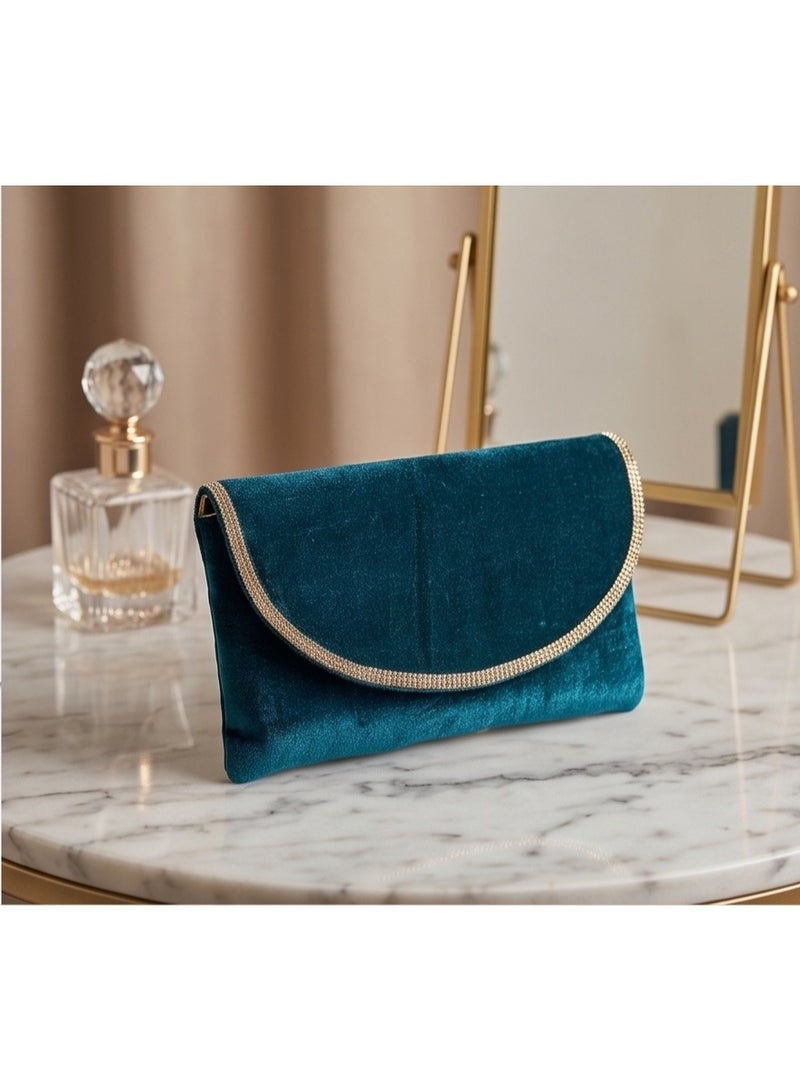JOHN PAULS Peacock Teal Velvet Clutch Purse for Women Handmade Curved Flap Bag with Sparkling Diamante Trim & Detachable Gold Chain | Crossbody Evening Handbag for Women, Wedding, Prom & Cocktail Parties - Image 2