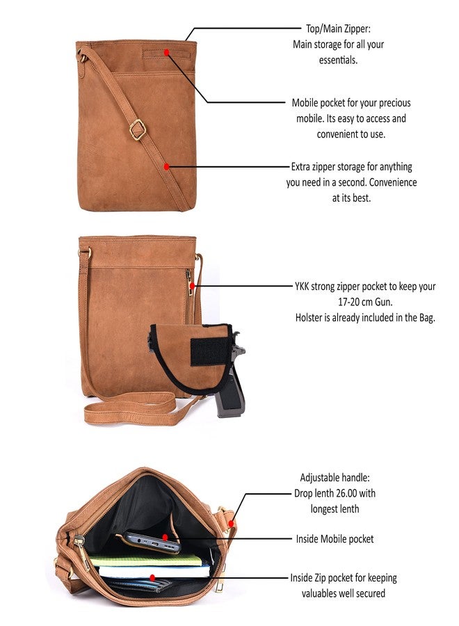 Ozora Multi Pockets Handmade Leather Crossbody Handbags & Sling Bag for Men & Women with Detachable Holster (Cognac Hunter) - Image 3