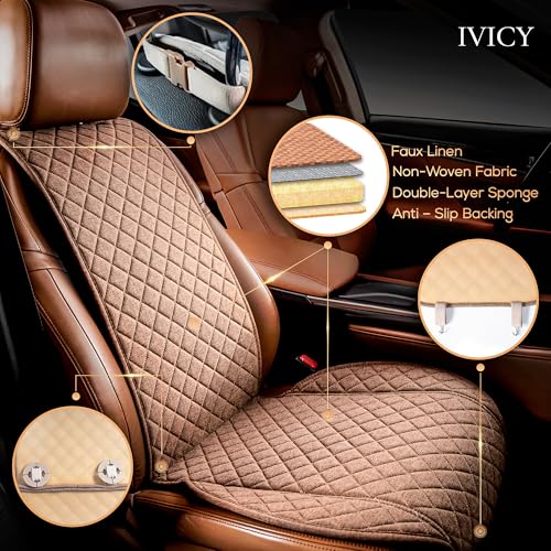 IVICY غطاء مقعد السيارة من IVICY بتصميم الكتان الصناعي - متين وغير قابل للانزلاق - واقيات مقاعد السيارة الأمامية لمعظم السيارات، الفانات، SUVs، الشاحنات - وحدة واحدة - بني رائع - Image 2