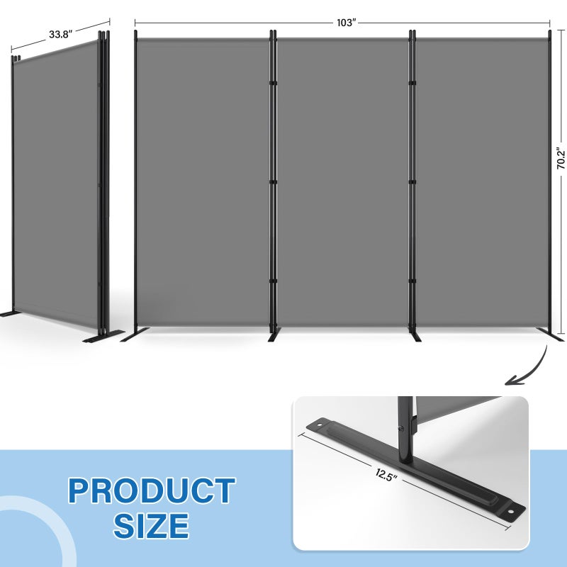 AKTOP Room Divider 3 Panel, Folding Fabric Wall Divider for Room Separation, Portable Room Partitions and Dividers 103"W x 70''H, Freestanding Privacy Screen for Office, Dorm, Studio, Classroom, Grey - Image 2
