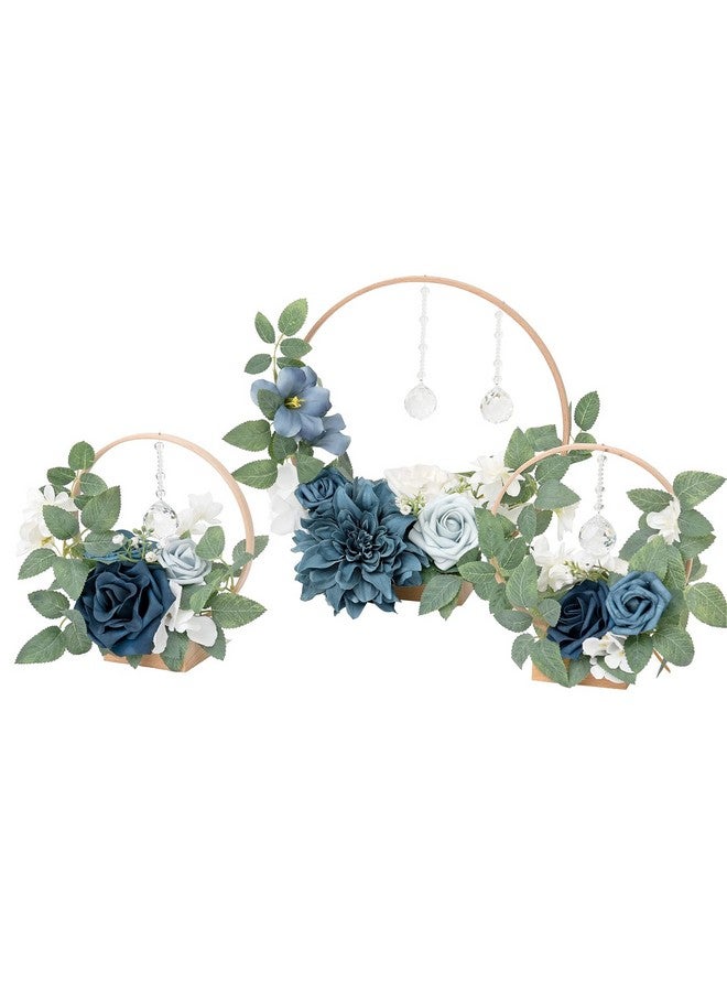 Ling's moment Ling's Moment Crystal Wooden Hoop Wreath Floral Centerpieces for Sweetheart Table, Head Table, Ceremony Reception Artificial Flowers Decorations, Assemble Required - Dusty Blue &Navy  - Image 1