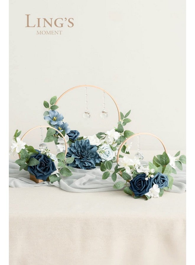 Ling's moment Ling's Moment Crystal Wooden Hoop Wreath Floral Centerpieces for Sweetheart Table, Head Table, Ceremony Reception Artificial Flowers Decorations, Assemble Required - Dusty Blue &Navy  - Image 3