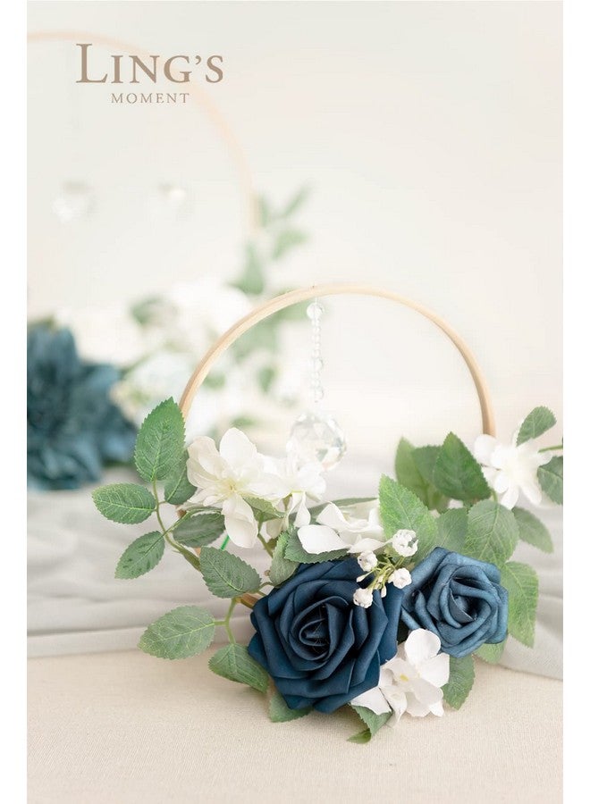 Ling's moment Ling's Moment Crystal Wooden Hoop Wreath Floral Centerpieces for Sweetheart Table, Head Table, Ceremony Reception Artificial Flowers Decorations, Assemble Required - Dusty Blue &Navy  - Image 4