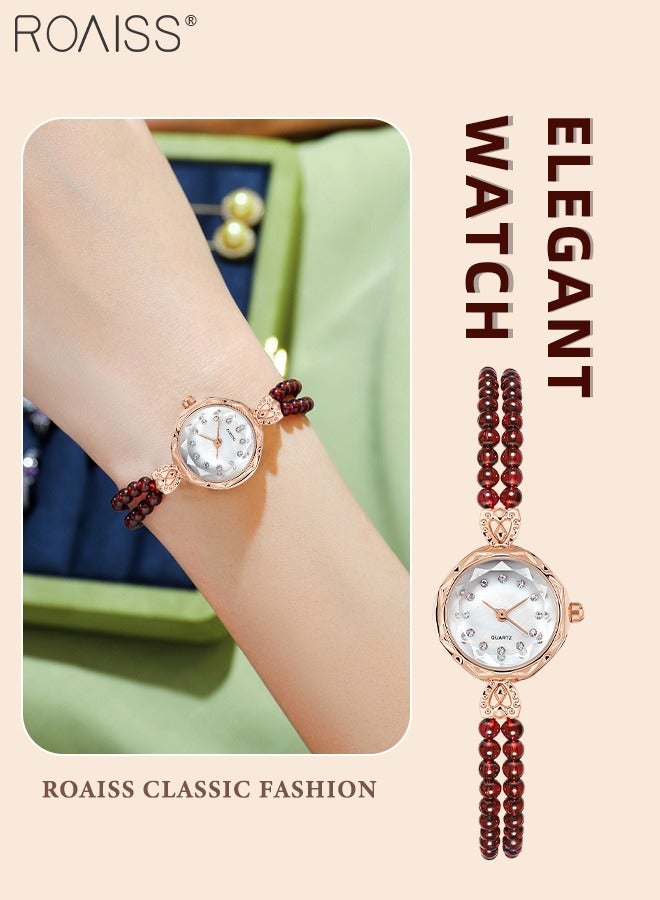 roaiss Women's Light Luxury Pearl Band Watch, Analog Display Round Dial with Rhinestone Decoration, Simple Waterproof Bracelet Quartz Wristwatch, as Gift for Ladies - Image 1