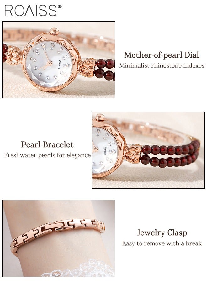 roaiss Women's Light Luxury Pearl Band Watch, Analog Display Round Dial with Rhinestone Decoration, Simple Waterproof Bracelet Quartz Wristwatch, as Gift for Ladies - Image 5