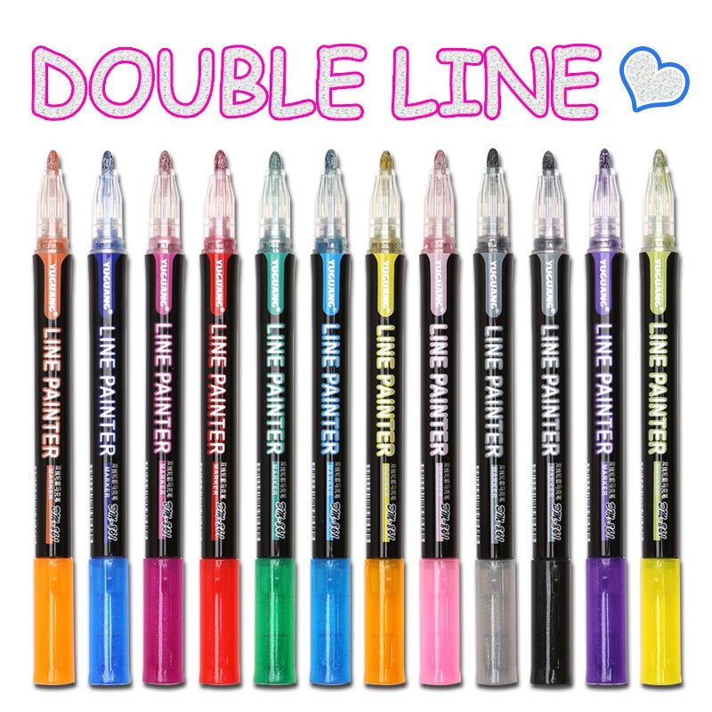 8-Color Shiny Double-Line Contour Pen Color Marker Student 12-Color Fluorescent Set Net Red Double Silver Hand Pen - Image 2