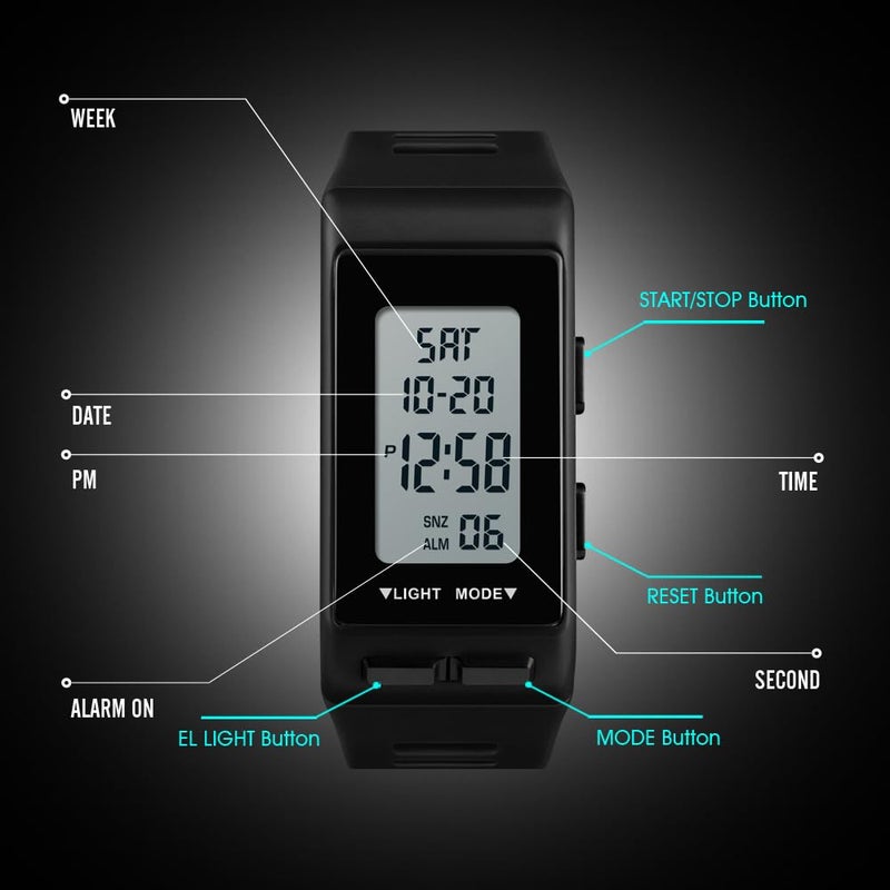 Reginald Watches for Men Digital Sports Black Rectangular Watches Waterproof EL Light Screen Large Face Military Luminous Stopwatch Alarm Clock Outdoor Watch (Black) - Image 5