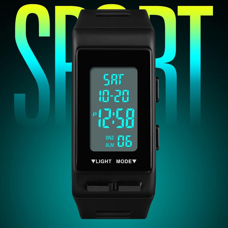Reginald Watches for Men Digital Sports Black Rectangular Watches Waterproof EL Light Screen Large Face Military Luminous Stopwatch Alarm Clock Outdoor Watch (Black) - Image 3