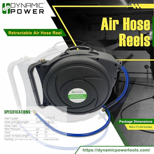 DYNAMIC POWER Elite Retractable Air Hose Reel with 3/8-Inch by 50-Feet PU Air Hose exceptional resistance to abrasion, oil, and weather - DP-HR5-315 - Image 2