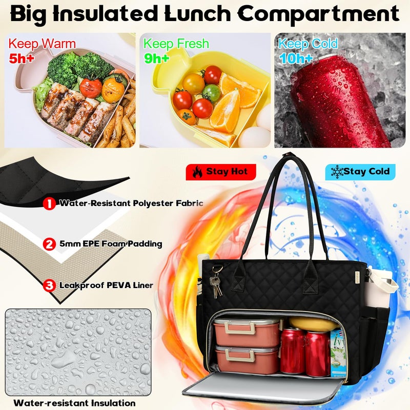 SIYNPAV Lunch Tote Bag with 15.6 Inch Laptop Compartment& Water Bottle Pocket, Quilted Nylon Work Tote Bag with Large Insulated Lunch Compartment for Women School Business Teacher Nurse (Black) - Image 3