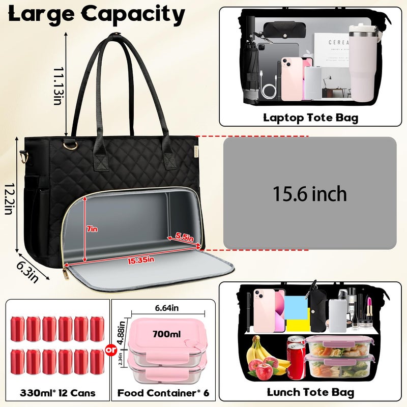 SIYNPAV Lunch Tote Bag with 15.6 Inch Laptop Compartment& Water Bottle Pocket, Quilted Nylon Work Tote Bag with Large Insulated Lunch Compartment for Women School Business Teacher Nurse (Black) - Image 4