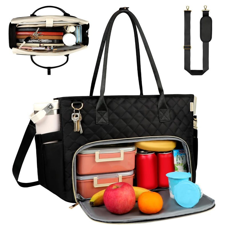 SIYNPAV Lunch Tote Bag with 15.6 Inch Laptop Compartment& Water Bottle Pocket, Quilted Nylon Work Tote Bag with Large Insulated Lunch Compartment for Women School Business Teacher Nurse (Black) - Image 1