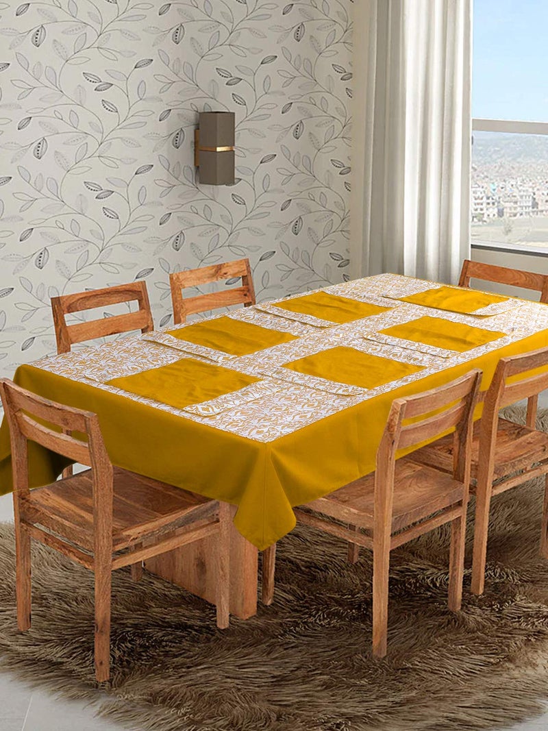 Dekor World Cotton Printed Abstract Rectangle Table Cover with Place Mat - Yellow, 9 Piece - Image 1
