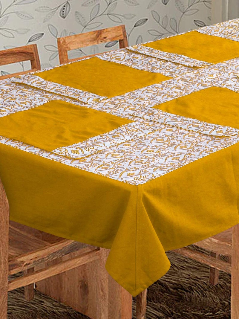 Dekor World Cotton Printed Abstract Rectangle Table Cover with Place Mat - Yellow, 9 Piece - Image 2