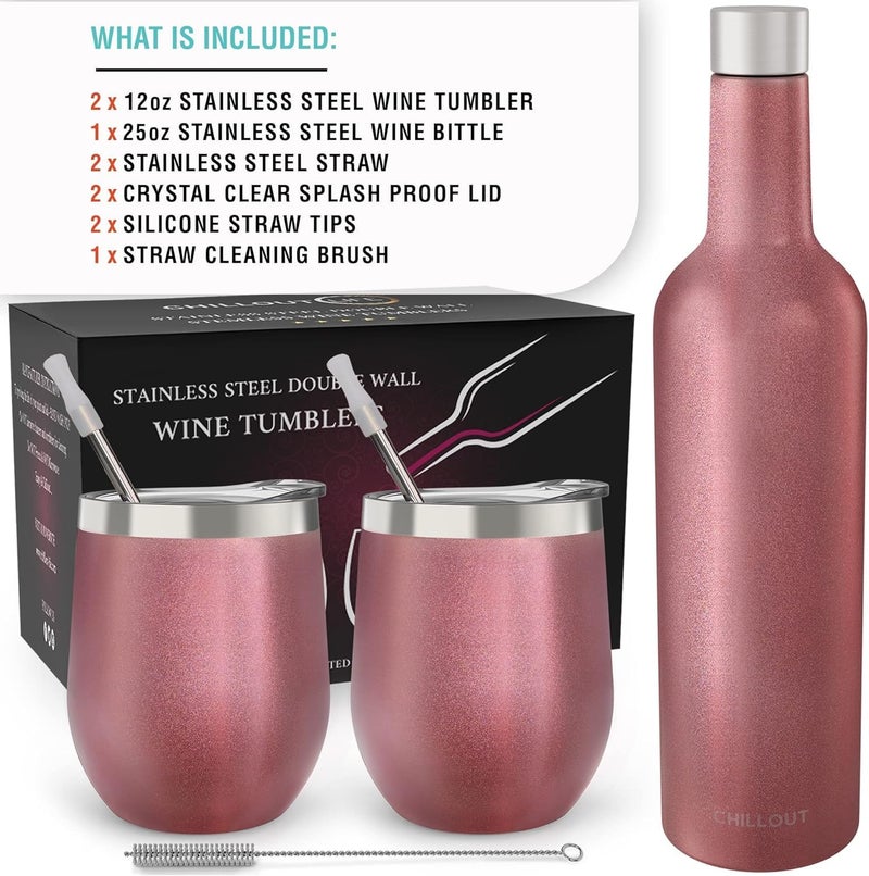 CHILLOUT LIFE 12 oz Stainless Steel Wine Tumblers 2 Pack & 1 Insulated Wine Bottle - Double Wall Vacuum Insulated Wine Glasses Cups with Lids and Straws Set Keeping Cold & Hot Gift Set - Rose Gold - Image 5