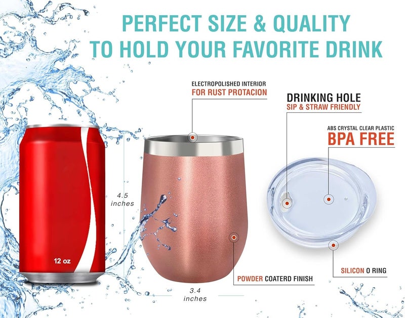 CHILLOUT LIFE 12 oz Stainless Steel Wine Tumblers 2 Pack & 1 Insulated Wine Bottle - Double Wall Vacuum Insulated Wine Glasses Cups with Lids and Straws Set Keeping Cold & Hot Gift Set - Rose Gold - Image 3