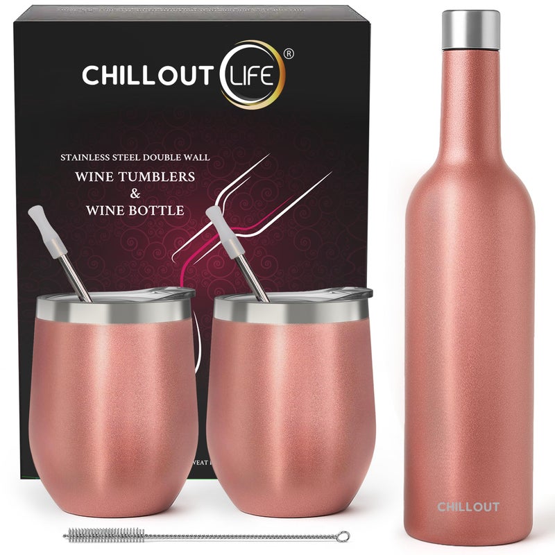 CHILLOUT LIFE 12 oz Stainless Steel Wine Tumblers 2 Pack & 1 Insulated Wine Bottle - Double Wall Vacuum Insulated Wine Glasses Cups with Lids and Straws Set Keeping Cold & Hot Gift Set - Rose Gold - Image 1