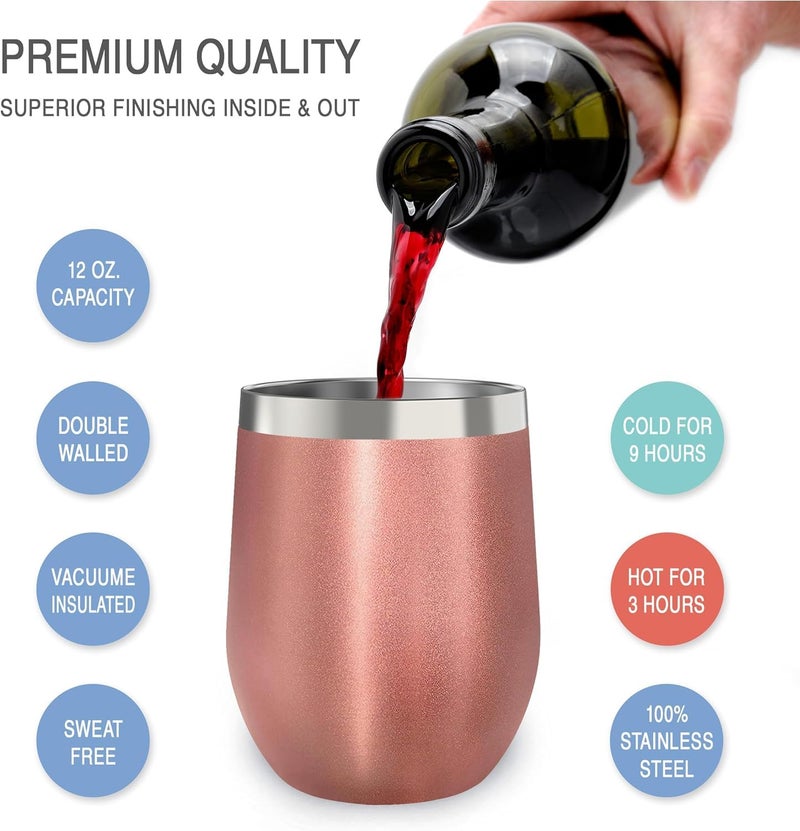 CHILLOUT LIFE 12 oz Stainless Steel Wine Tumblers 2 Pack & 1 Insulated Wine Bottle - Double Wall Vacuum Insulated Wine Glasses Cups with Lids and Straws Set Keeping Cold & Hot Gift Set - Rose Gold - Image 2