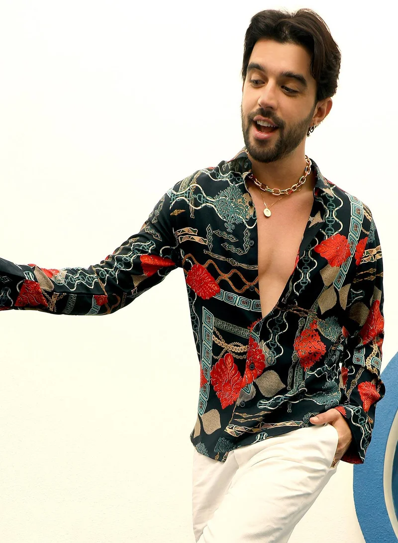 Campus Sutra Men's Crimson Red & Teal Green Artistic Block Shirt For Casual Wear | Spread Collar | Long Sleeve | Button Closure | Shirt Crafted With Comfort Fit For Everyday Wear