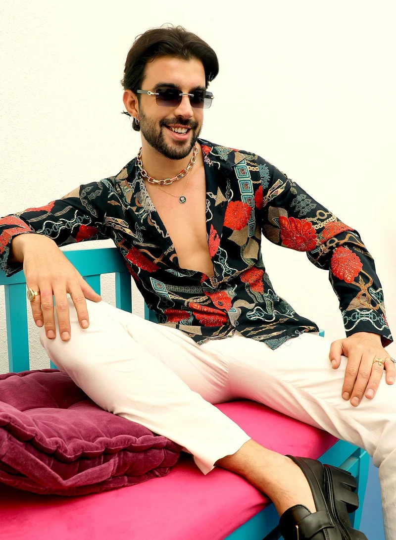 Campus Sutra Men's Crimson Red & Teal Green Artistic Block Shirt For Casual Wear | Spread Collar | Long Sleeve | Button Closure | Shirt Crafted With Comfort Fit For Everyday Wear