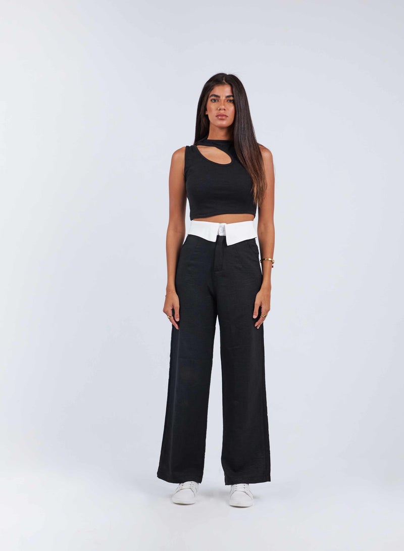 CIZARO High-Waist Black Folded Waistband Wide Leg Trousers. - Image 1