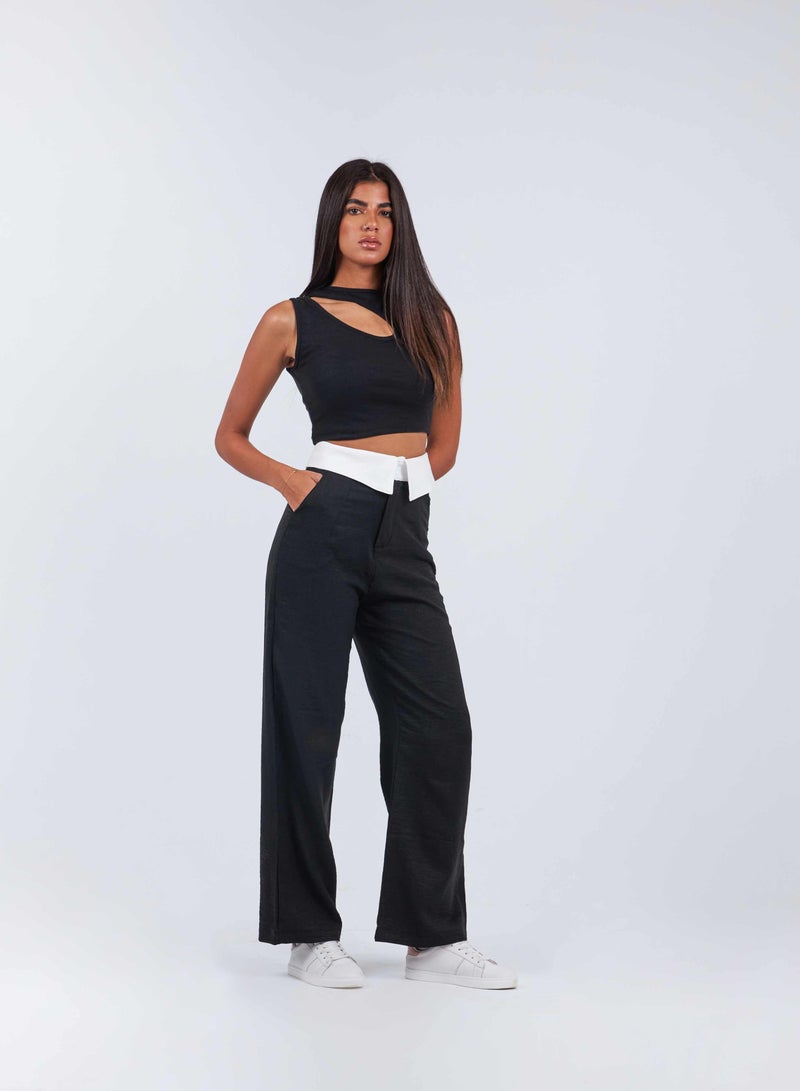 CIZARO High-Waist Black Folded Waistband Wide Leg Trousers. - Image 2