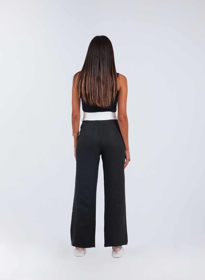 CIZARO High-Waist Black Folded Waistband Wide Leg Trousers. - Image 4